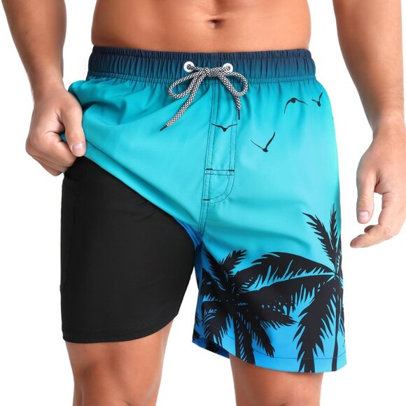 Mens Swim Trunks with Compression Liner 5" Inseam Quick Dry Beach Shorts with Zi